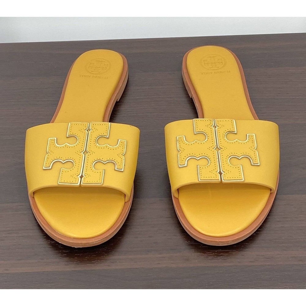Tory Burch Womens Ines Slide Sandal 7.5M Daylily Spark Gold Leather Slip On Logo
